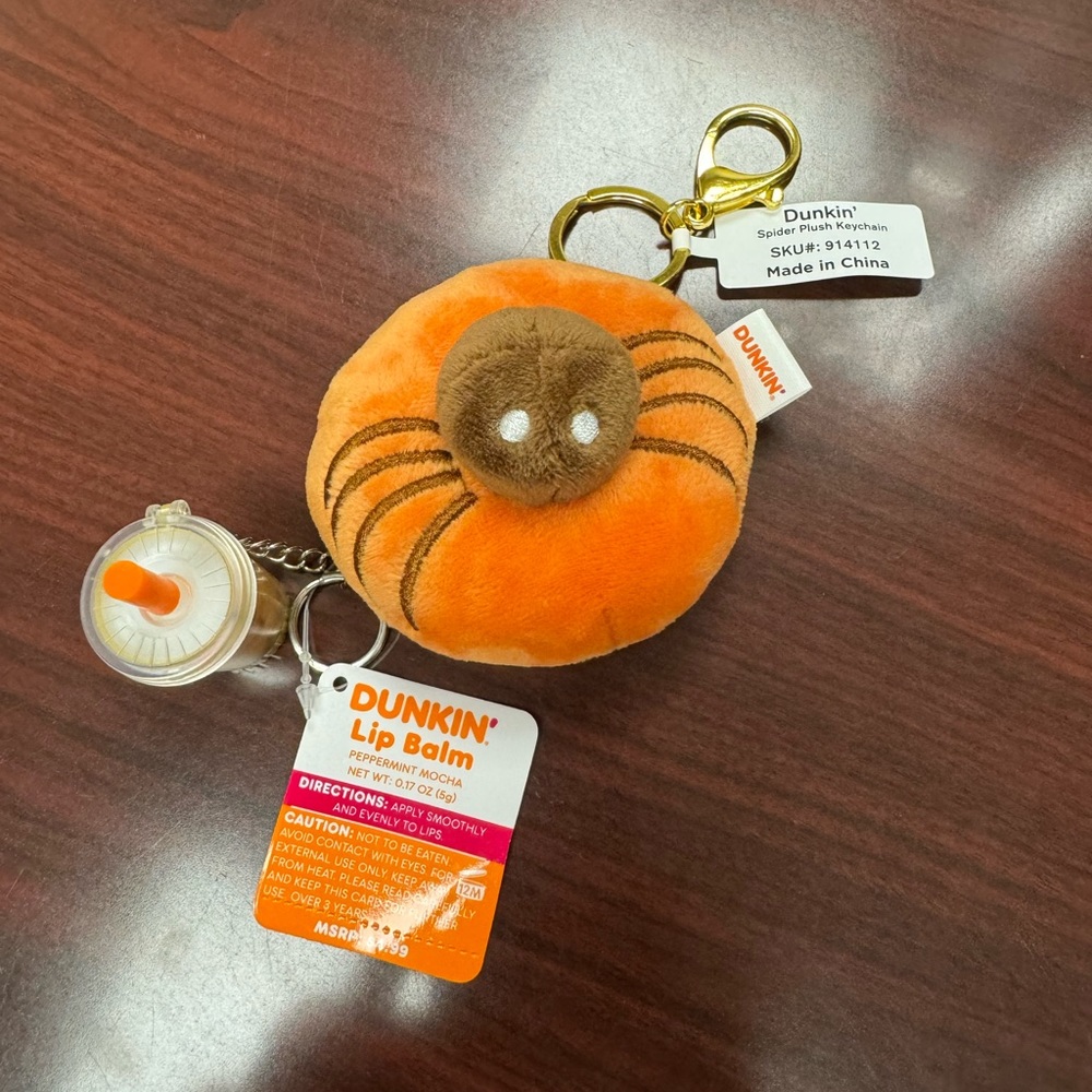 Dunkin’ Donuts, plush spider, donut keychain, and lip balm coffee cup. NWT - Picture 2 of 6